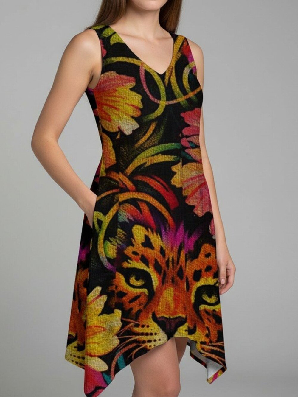 Neon Zoo Chaos: Tropical Surreal Fusion Thalia Asymmetrical Hem Dress